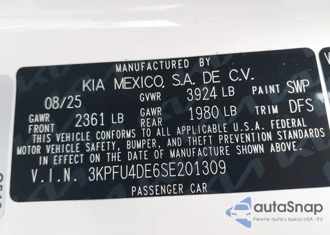 2025 Kia K4 Ex z USA, uszkodzony, nr VIN 3KPFU4DE6SE201309